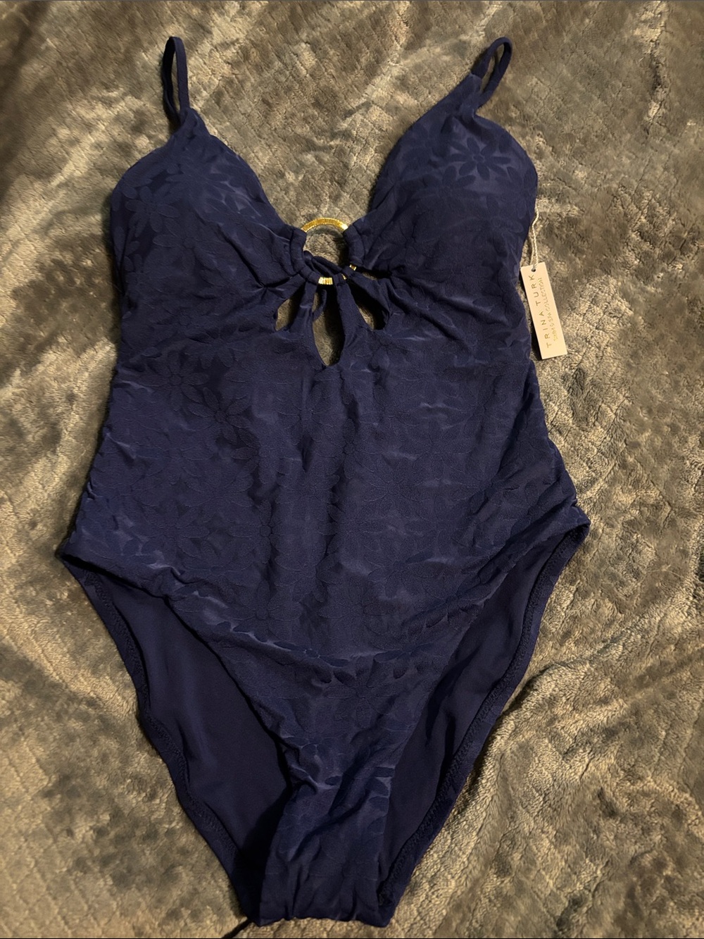 Trina Turk JOPLIN JACQUARD PETAL CUTOUT PLUNGE ONE PIECE SWIMSUIT, NAVY